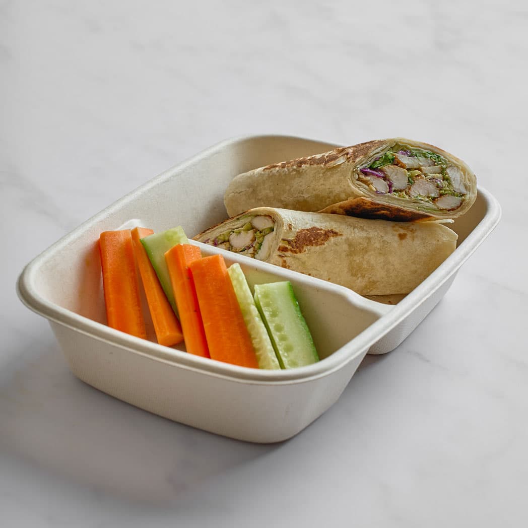Mexican Chicken and Guacamole Wrap with Carrot and Cucumber Sticks